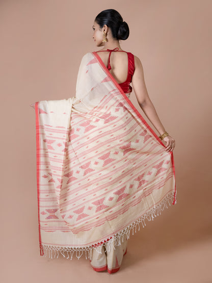 Off White and Red Bengal Cotton Jamdani Saree