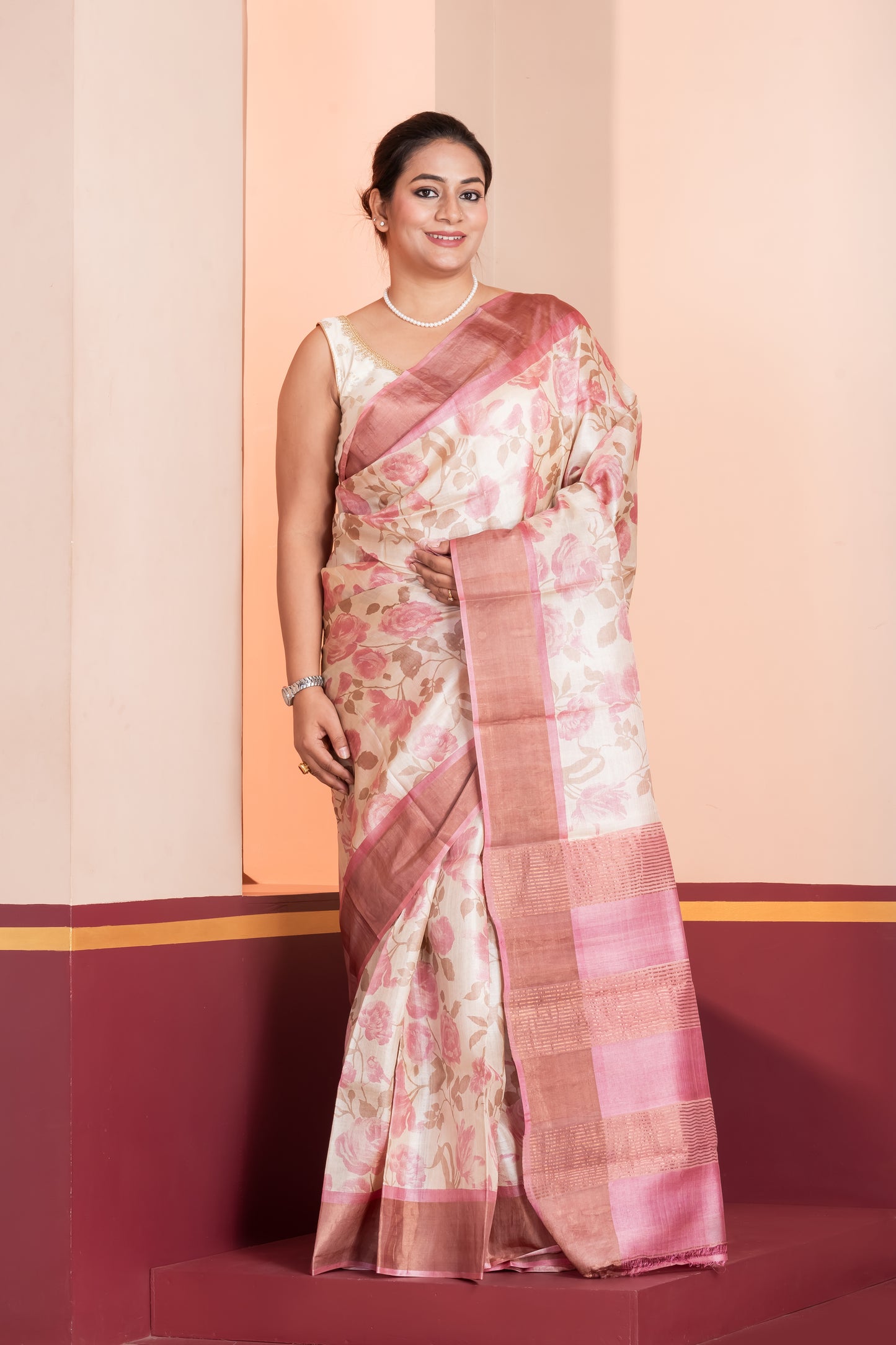 Off white & Pink Pure Tussar  Saree