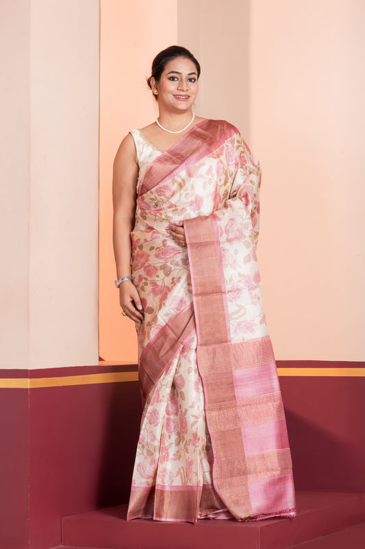 Off white & Pink Pure Tussar  Saree