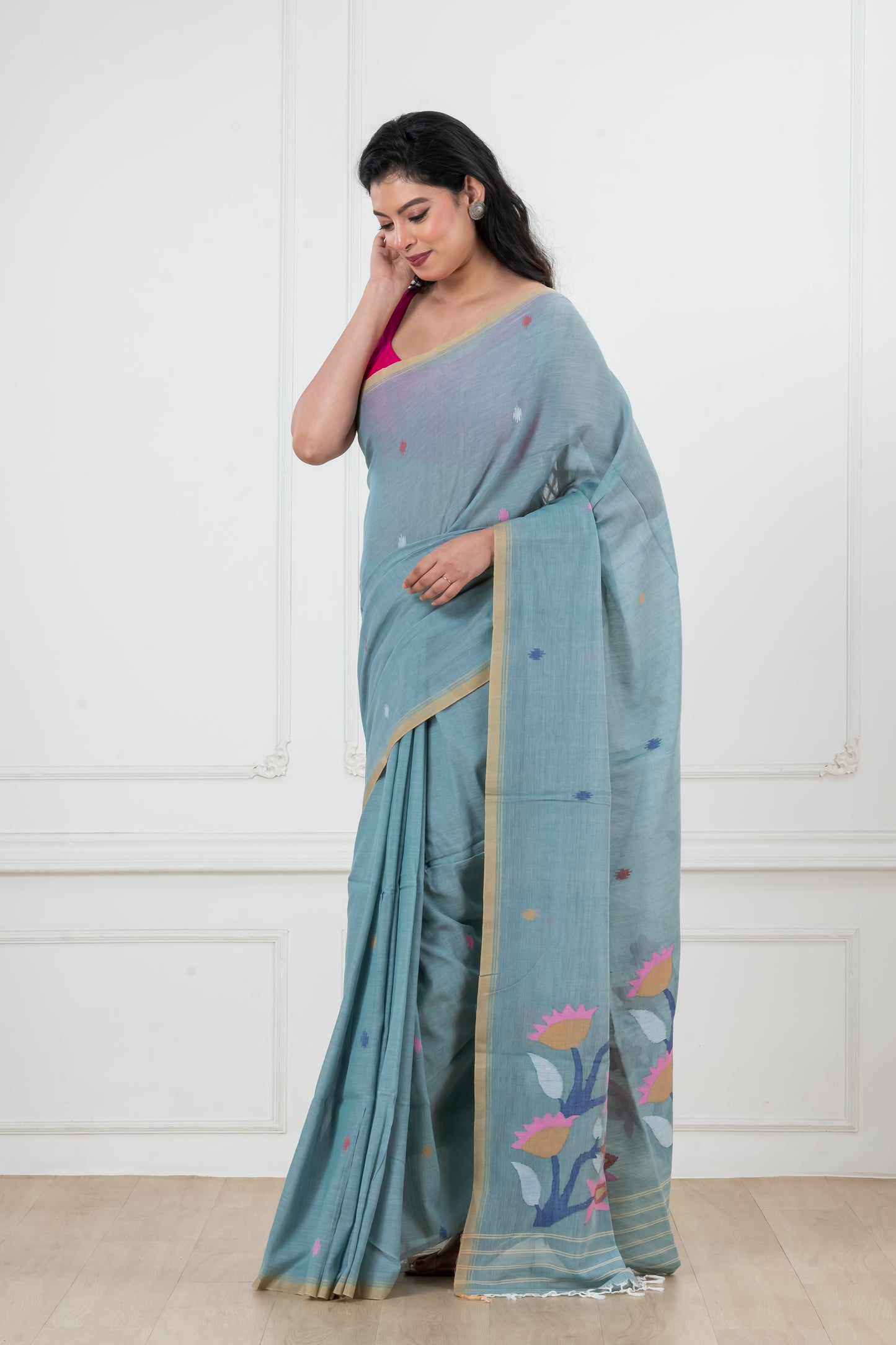 Pure Cotton  Handwoven  meddle  work Jamdani Saree