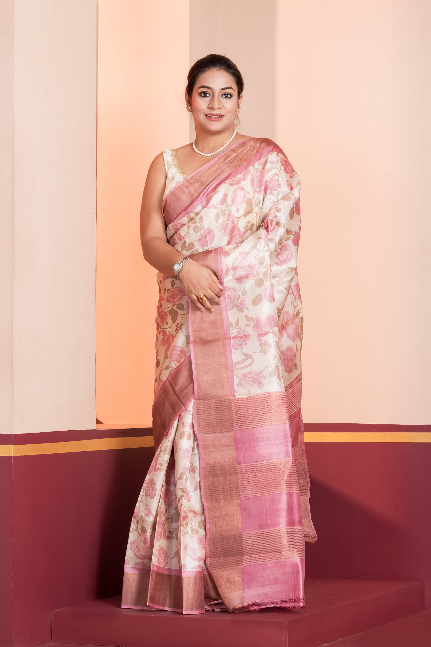 Off white & Pink Pure Tussar  Saree