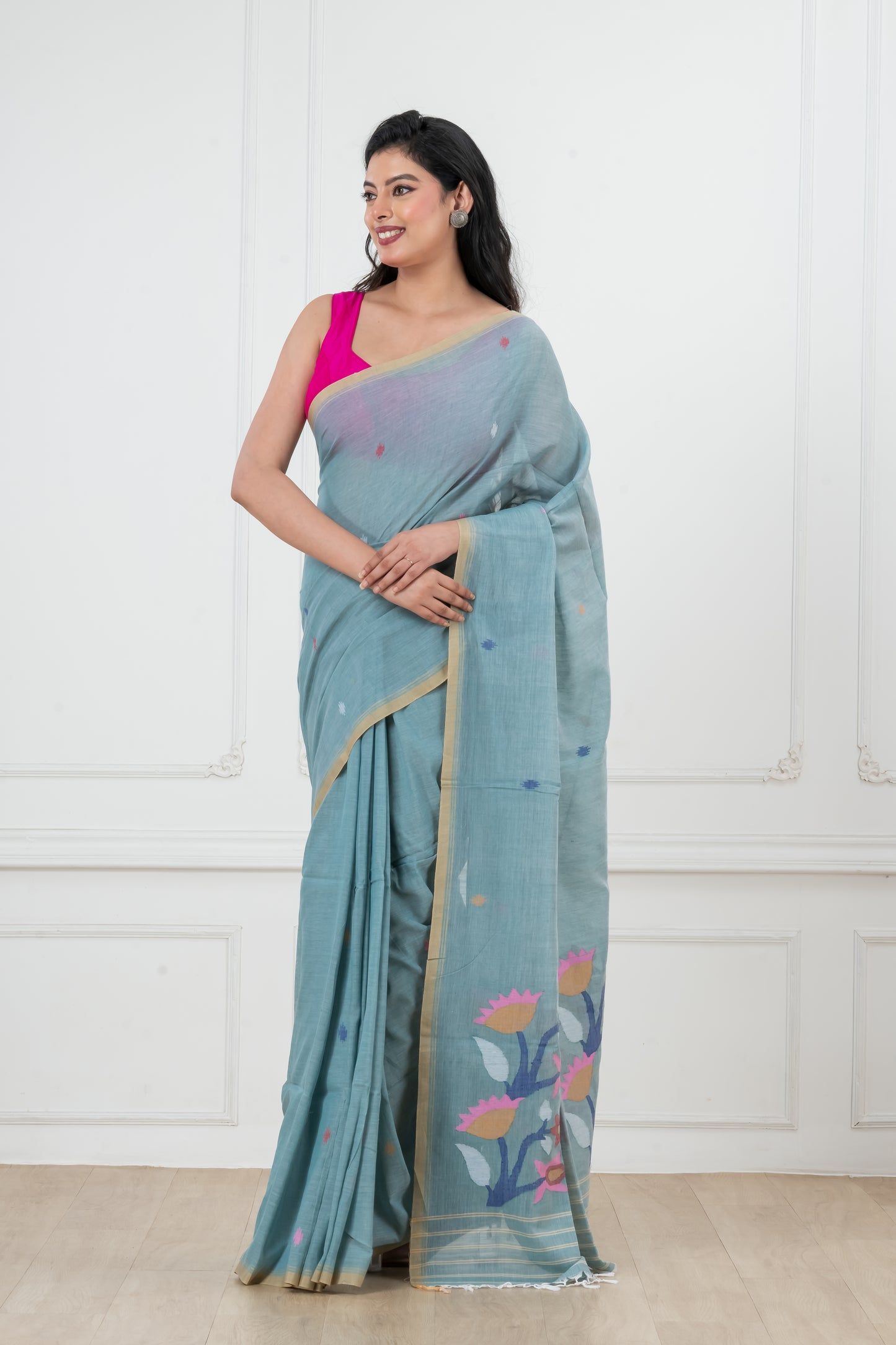 Pure Cotton  Handwoven  meddle  work Jamdani Saree