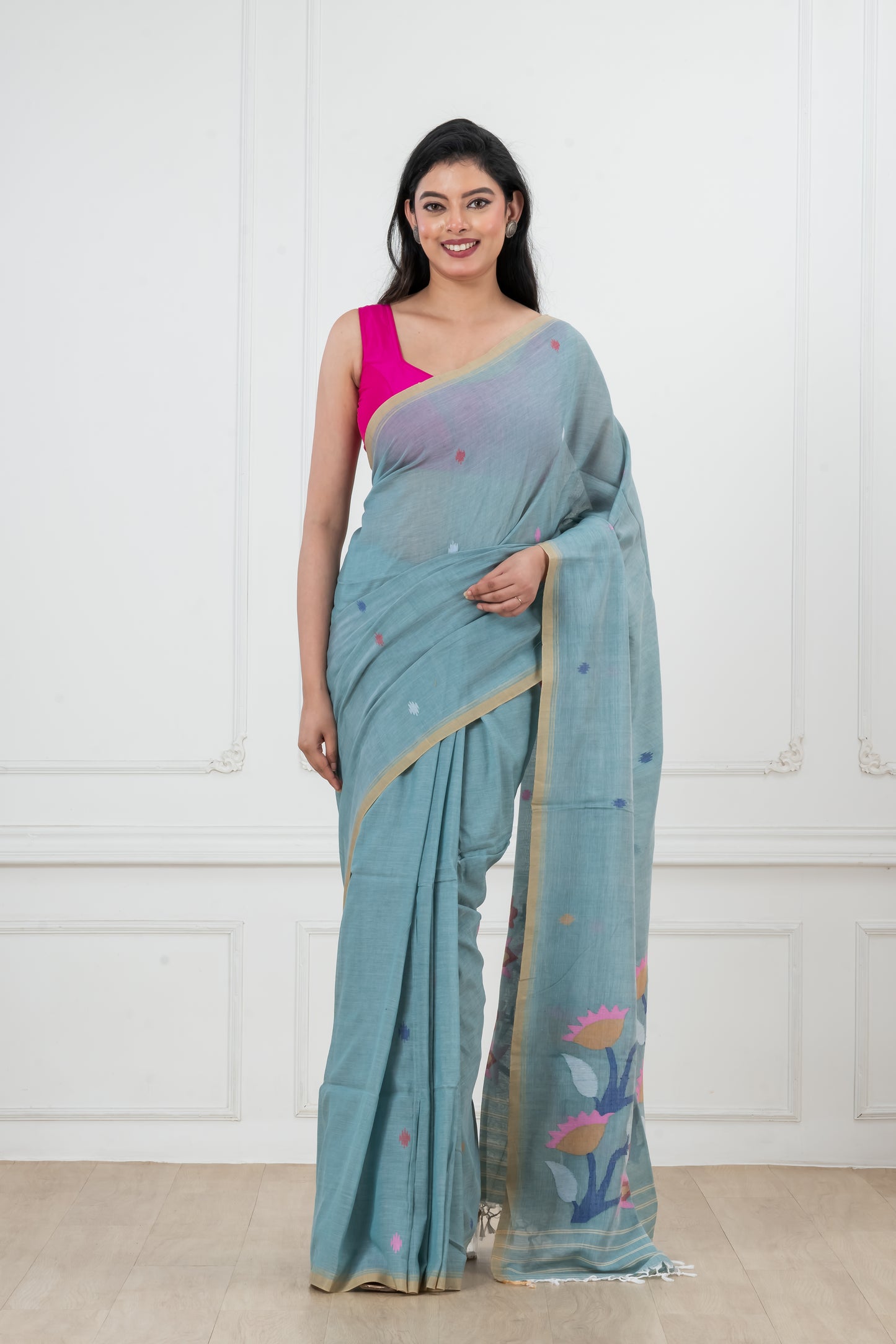 Pure Cotton  Handwoven  meddle  work Jamdani Saree