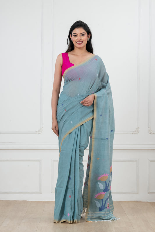 Pure Cotton  Handwoven  meddle  work Jamdani Saree