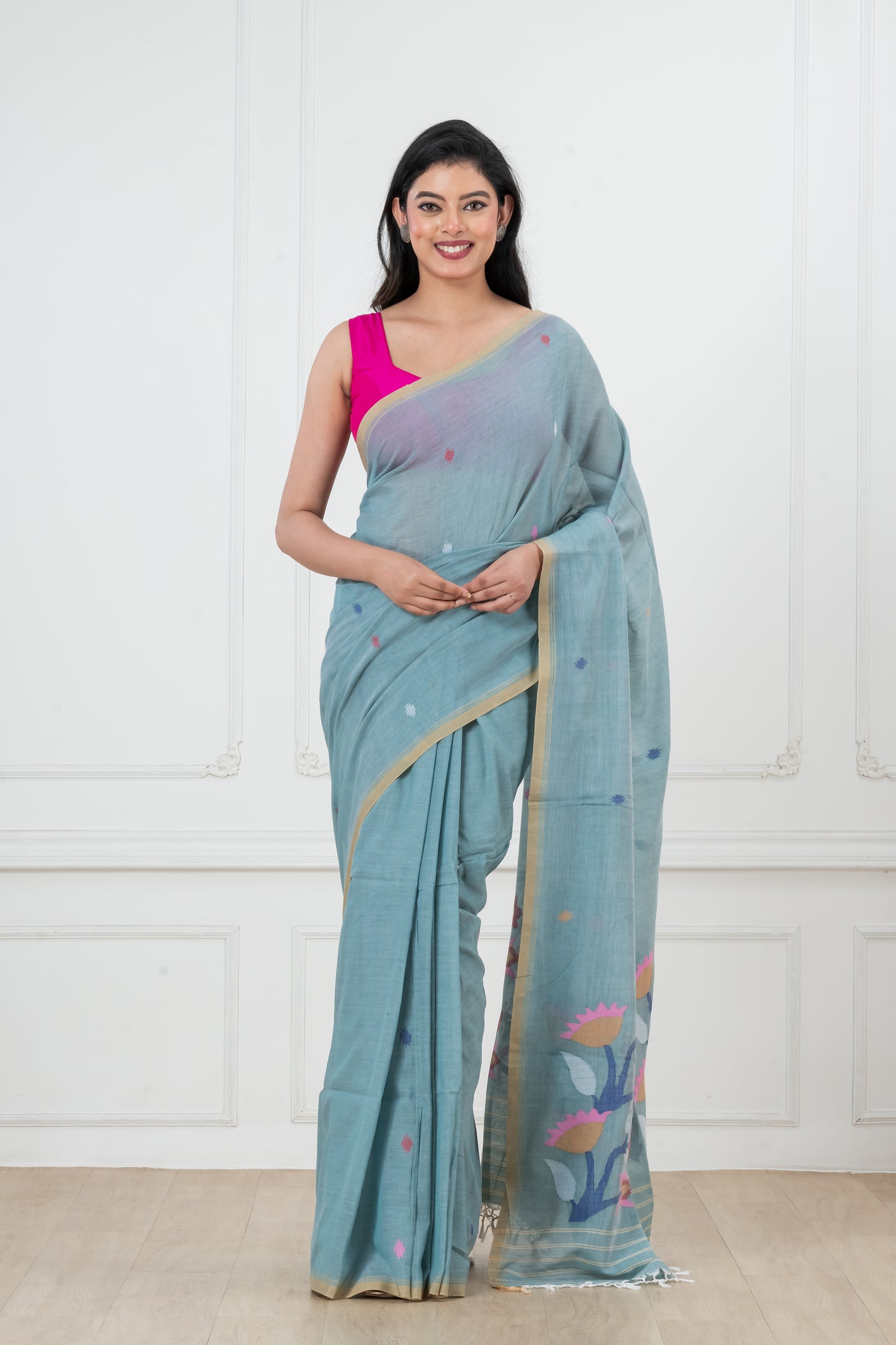 Pure Cotton  Handwoven  meddle  work Jamdani Saree