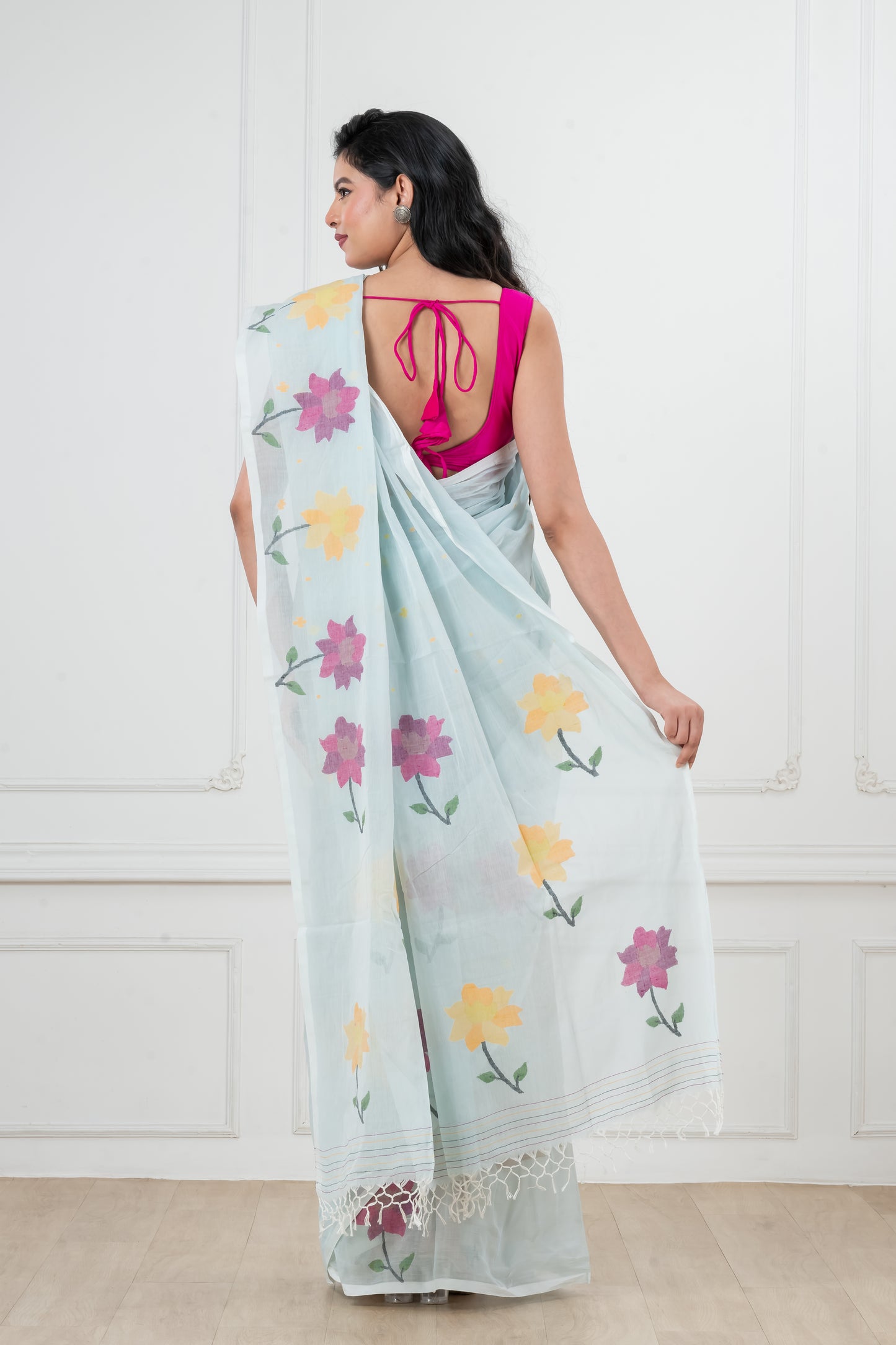 light blue Pure Cotton  Handwoven  meddle  work Jamdani Saree