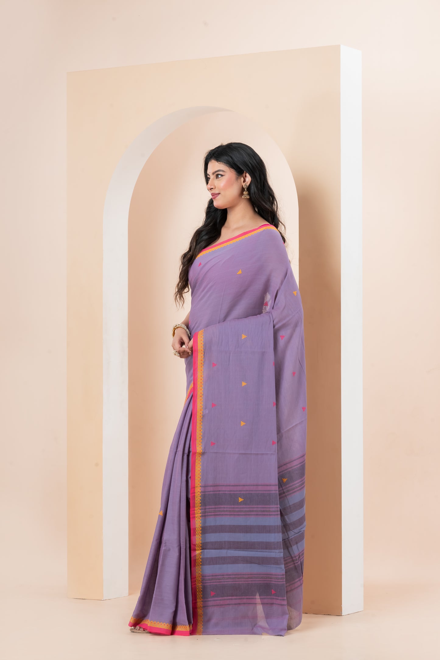 Lavender Pure Cotton Dhonekhali Saree