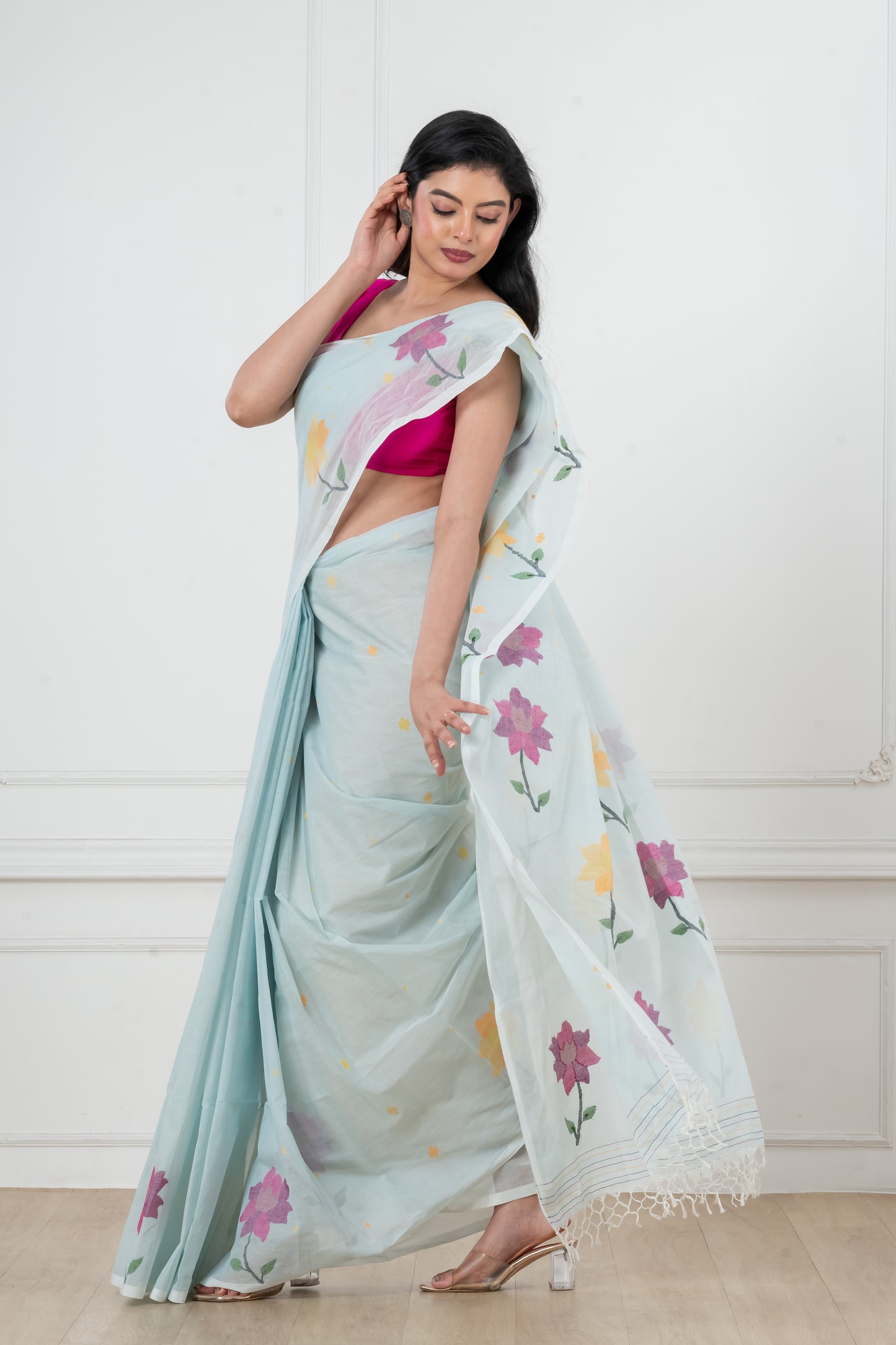 light blue Pure Cotton  Handwoven  meddle  work Jamdani Saree
