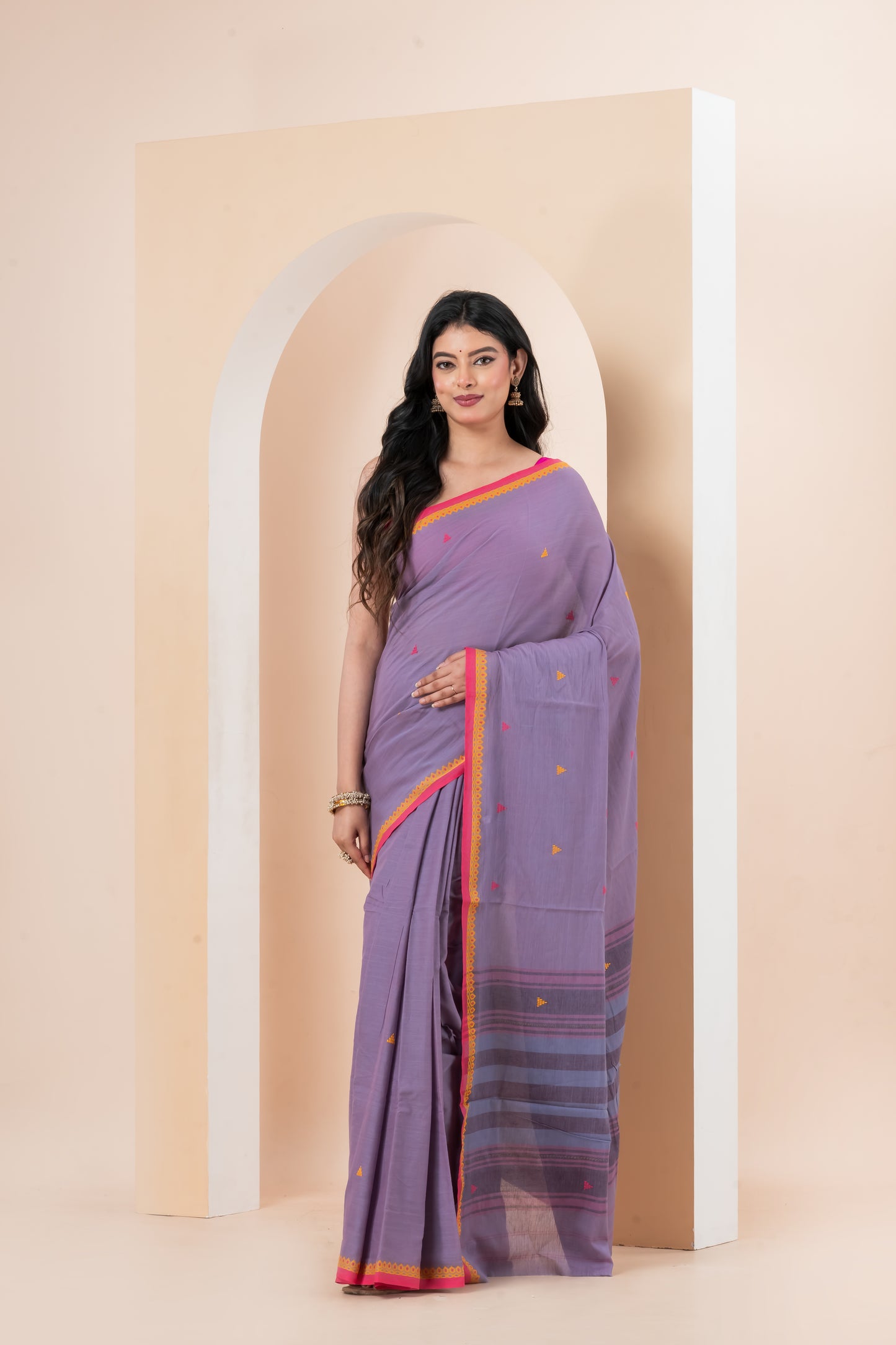 Lavender Pure Cotton Dhonekhali Saree