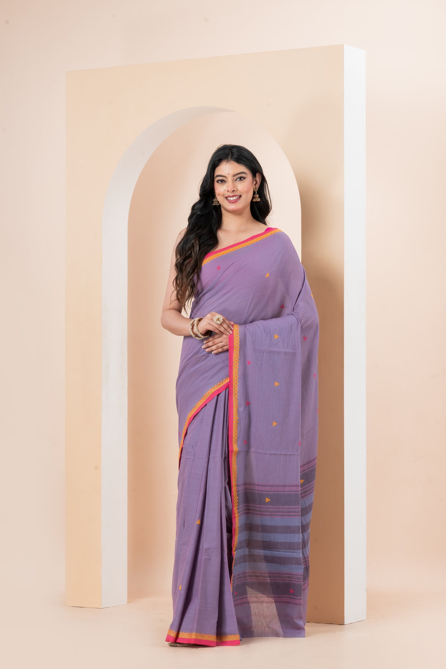 Lavender Pure Cotton Dhonekhali Saree