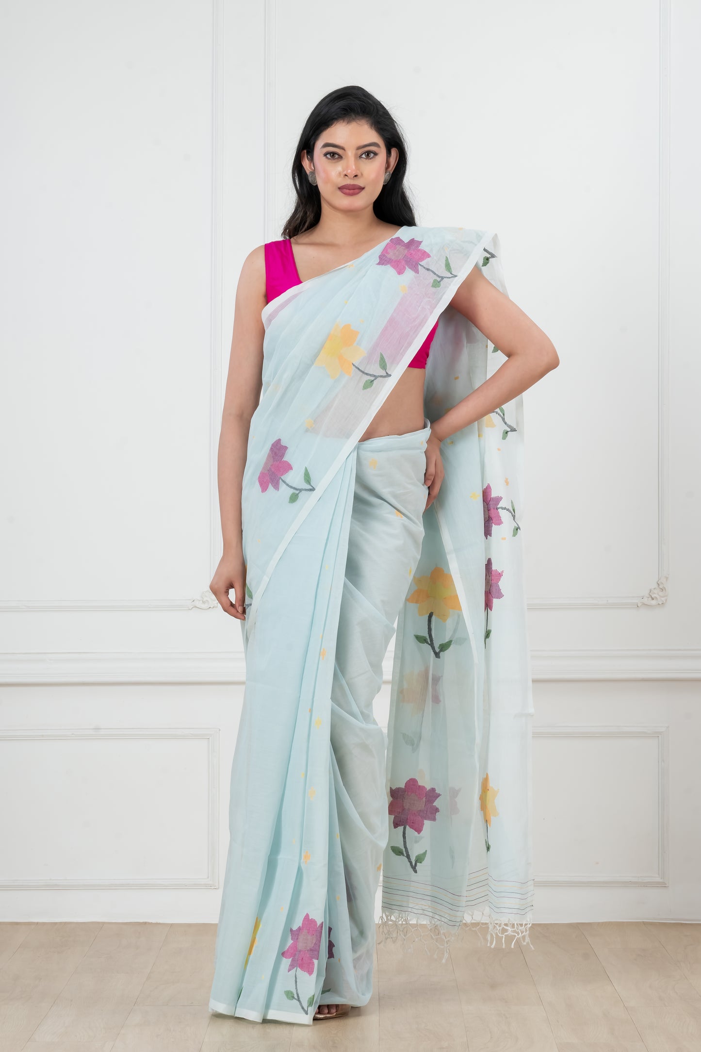 light blue Pure Cotton  Handwoven  meddle  work Jamdani Saree