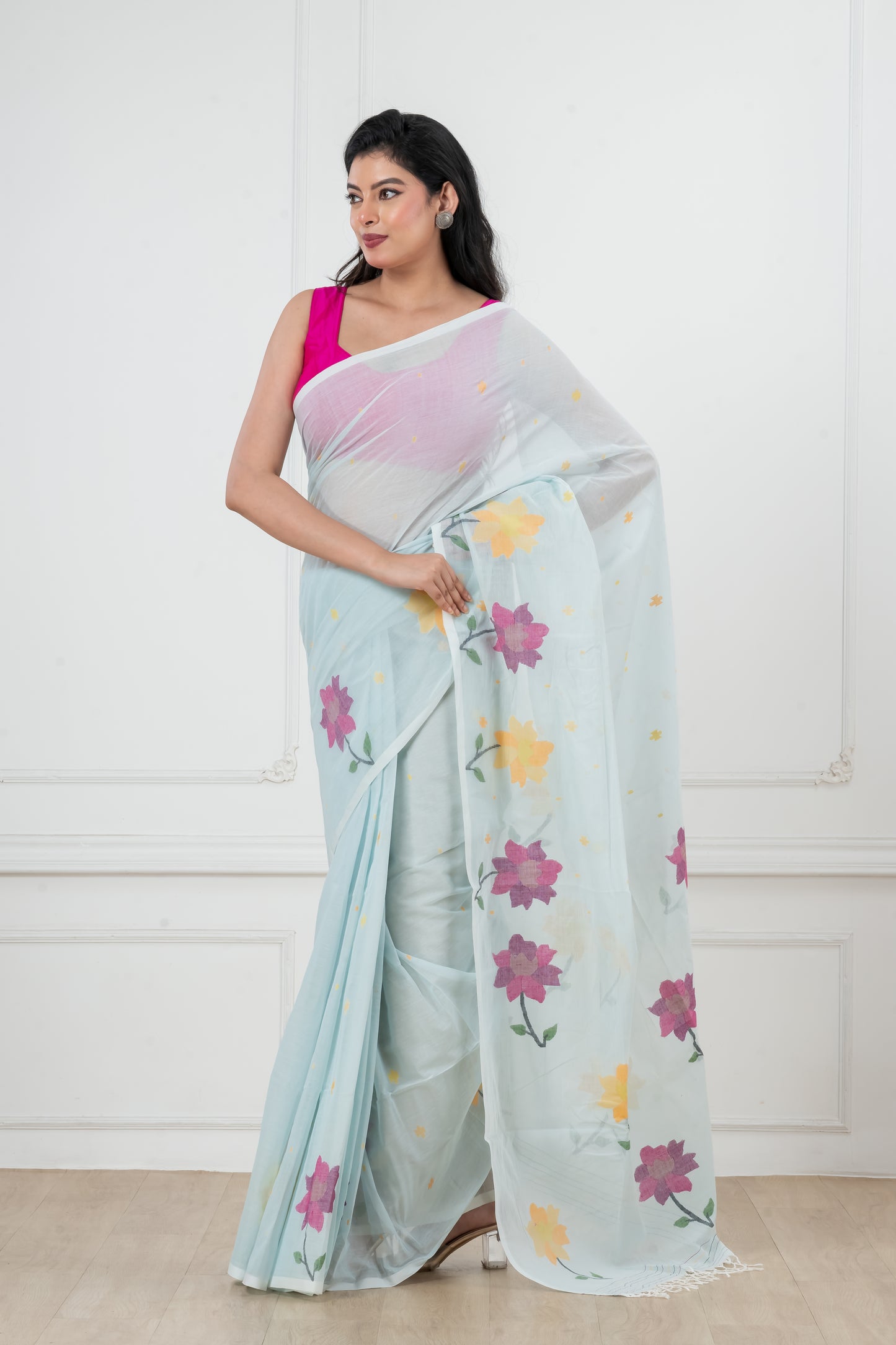 light blue Pure Cotton  Handwoven  meddle  work Jamdani Saree