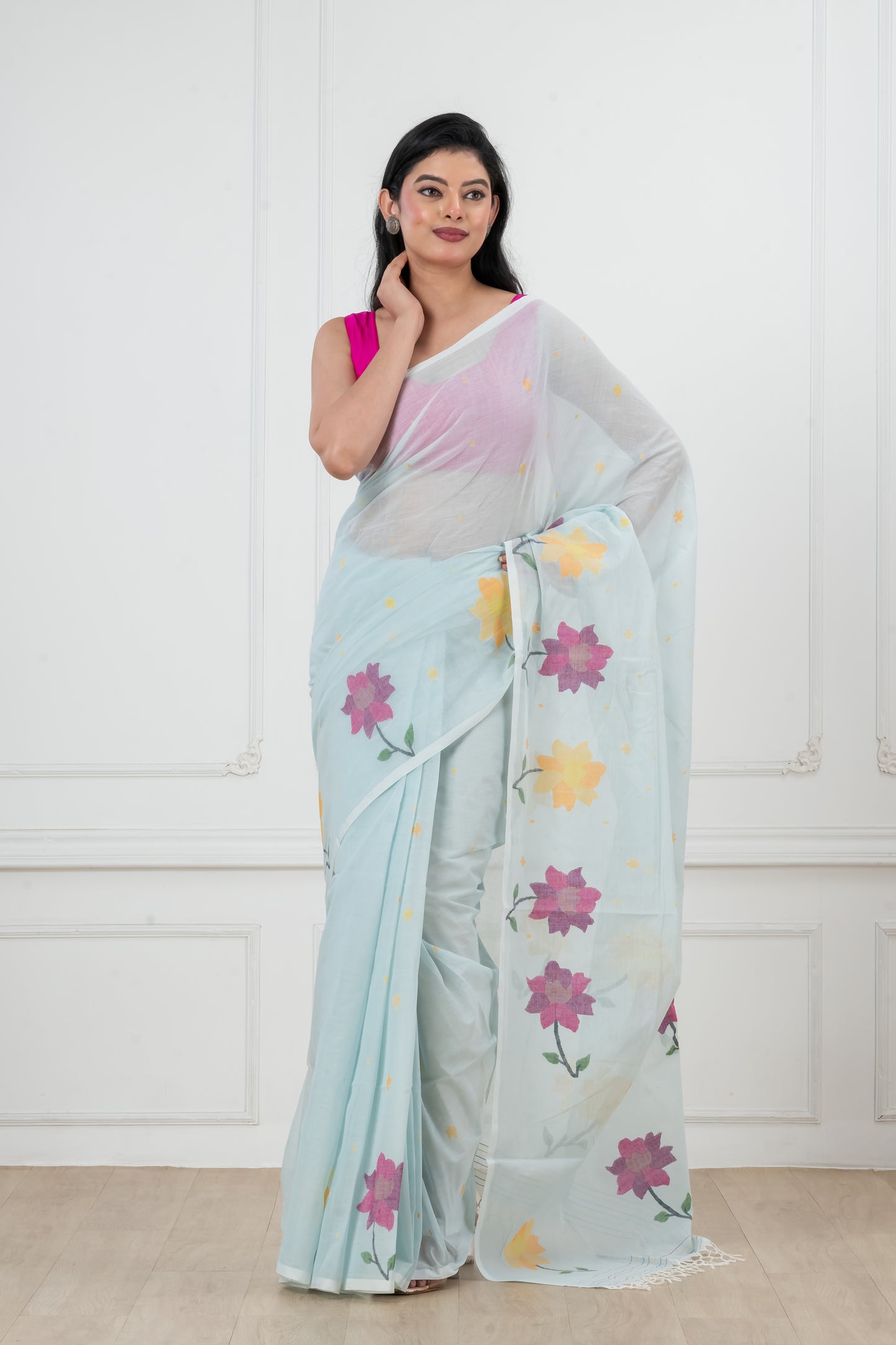 light blue Pure Cotton  Handwoven  meddle  work Jamdani Saree