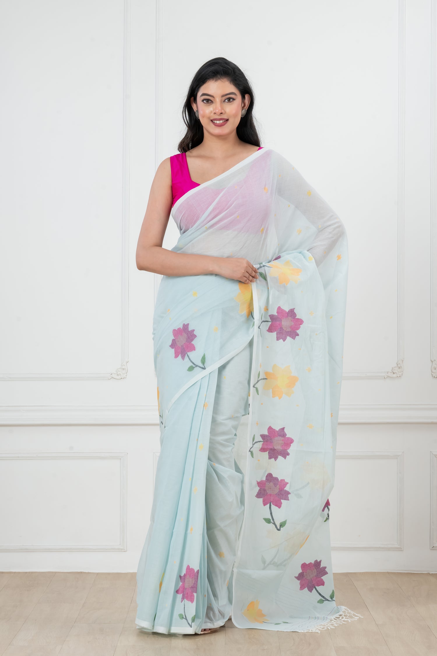 light blue Pure Cotton  Handwoven  meddle  work Jamdani Saree