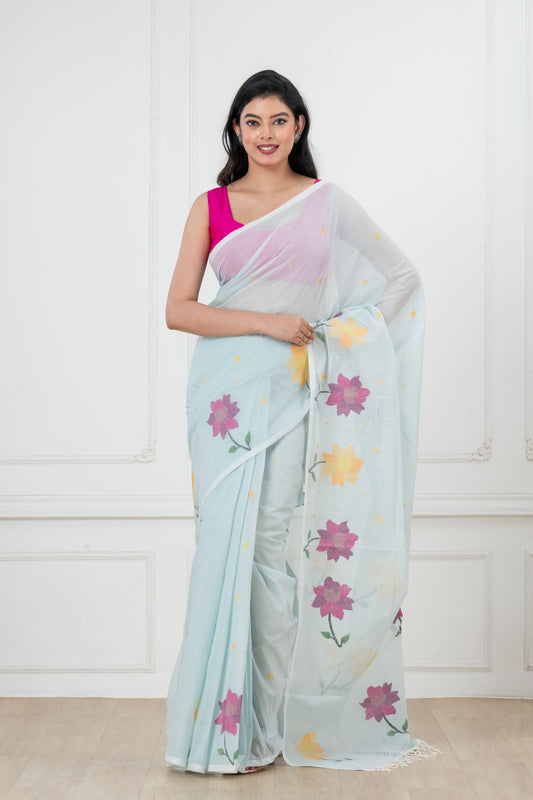 light blue Pure Cotton  Handwoven  meddle  work Jamdani Saree