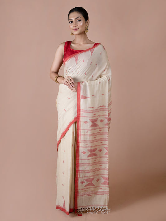 Off White and Red Bengal Cotton Jamdani Saree
