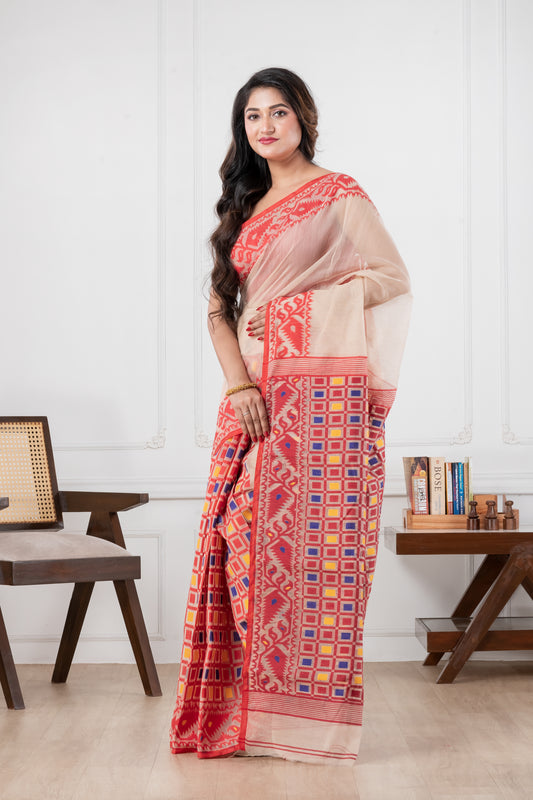 Pakhna off white and red  Patli Pallu Jamdani Saree | Jacquard Weaved
