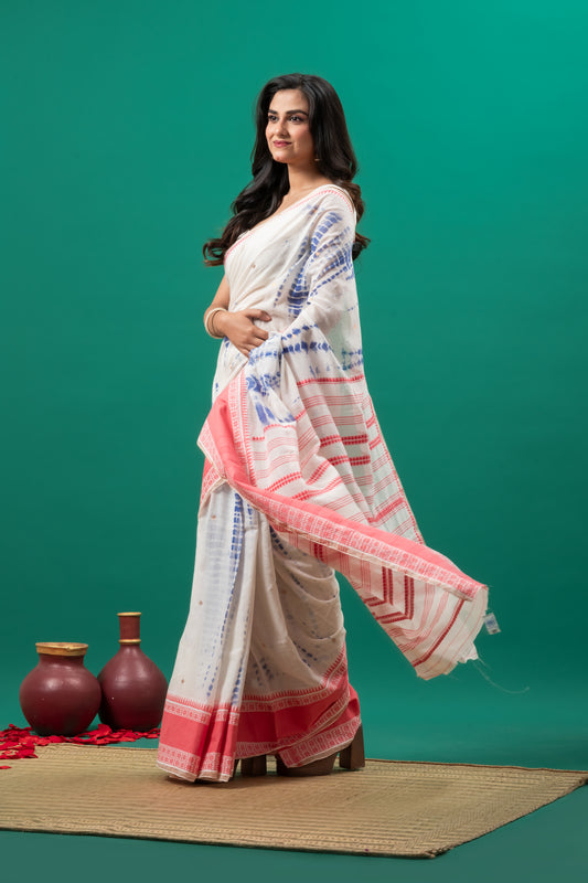OFF WHITE & PEACH BOARDER PURE COTTON BENGUMPURI SHIBHORI SAREE