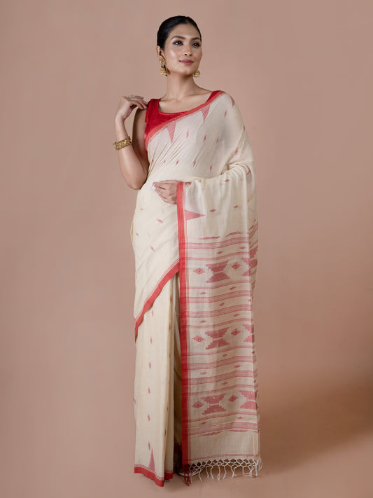 Off White and Red Bengal Cotton Jamdani Saree