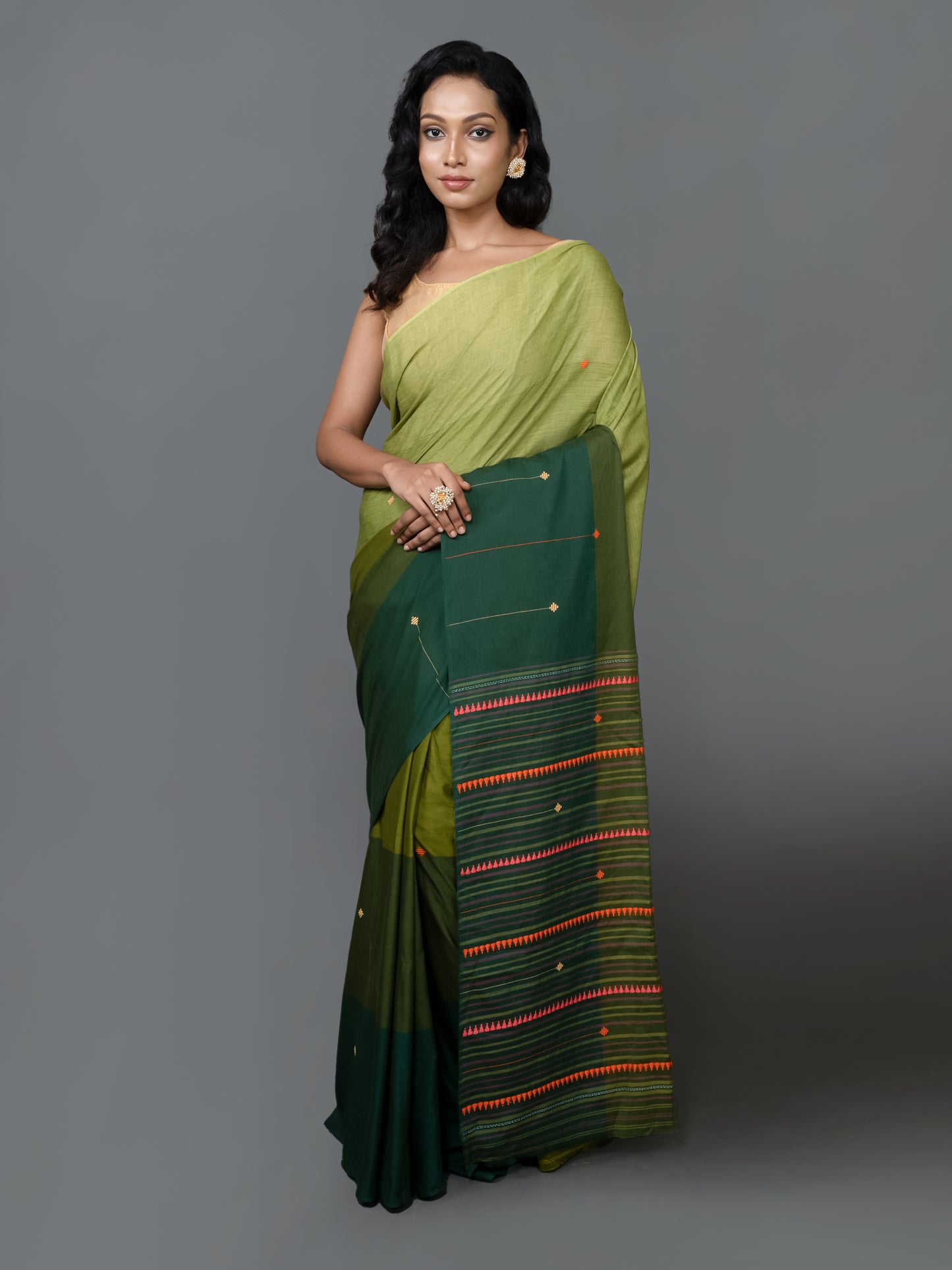 Deep Green and Light Green Dhonekhali Saree