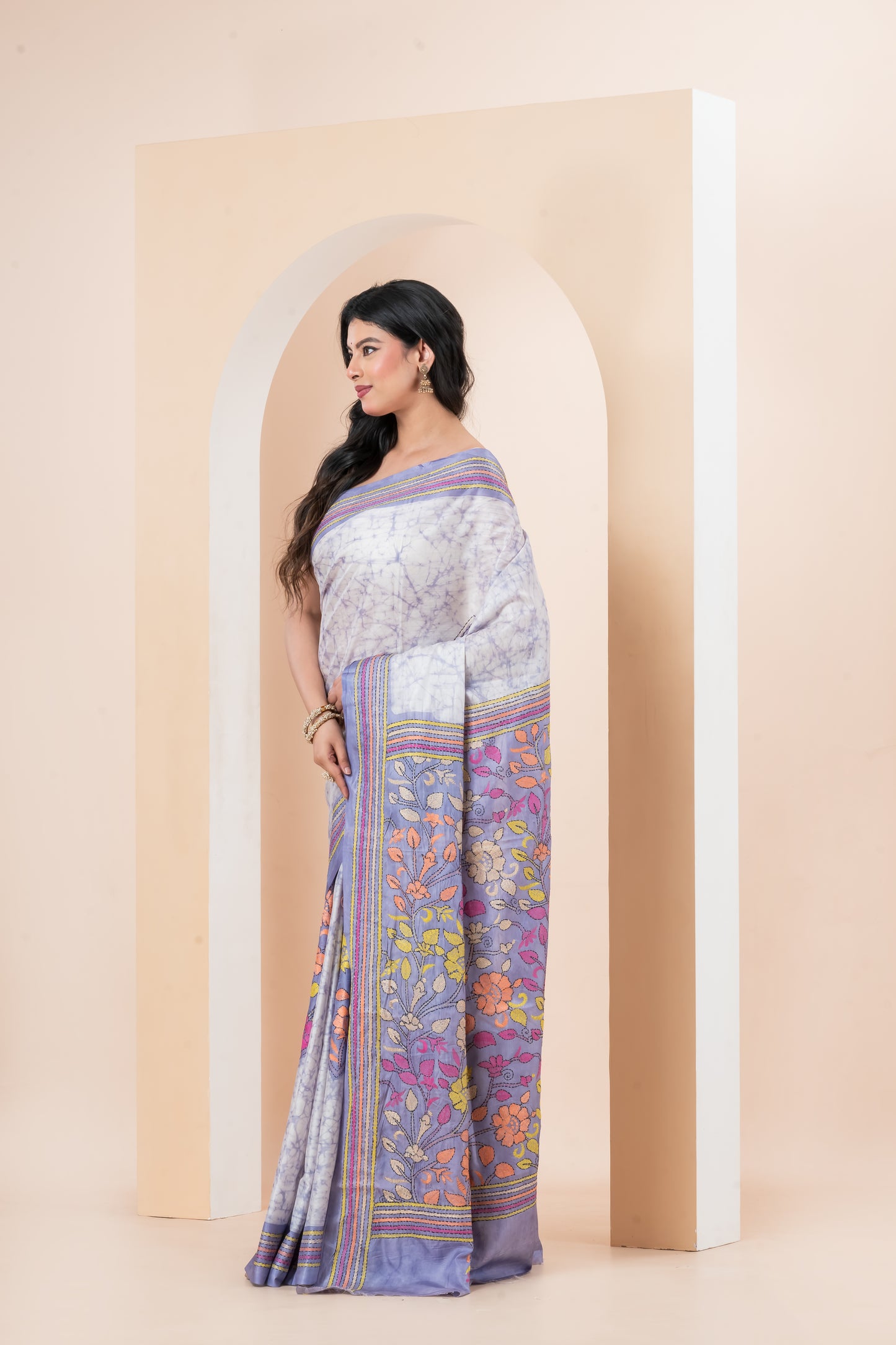 Handcrafted batik Kantha Stitch saree on Belinda’s Bangalore silk