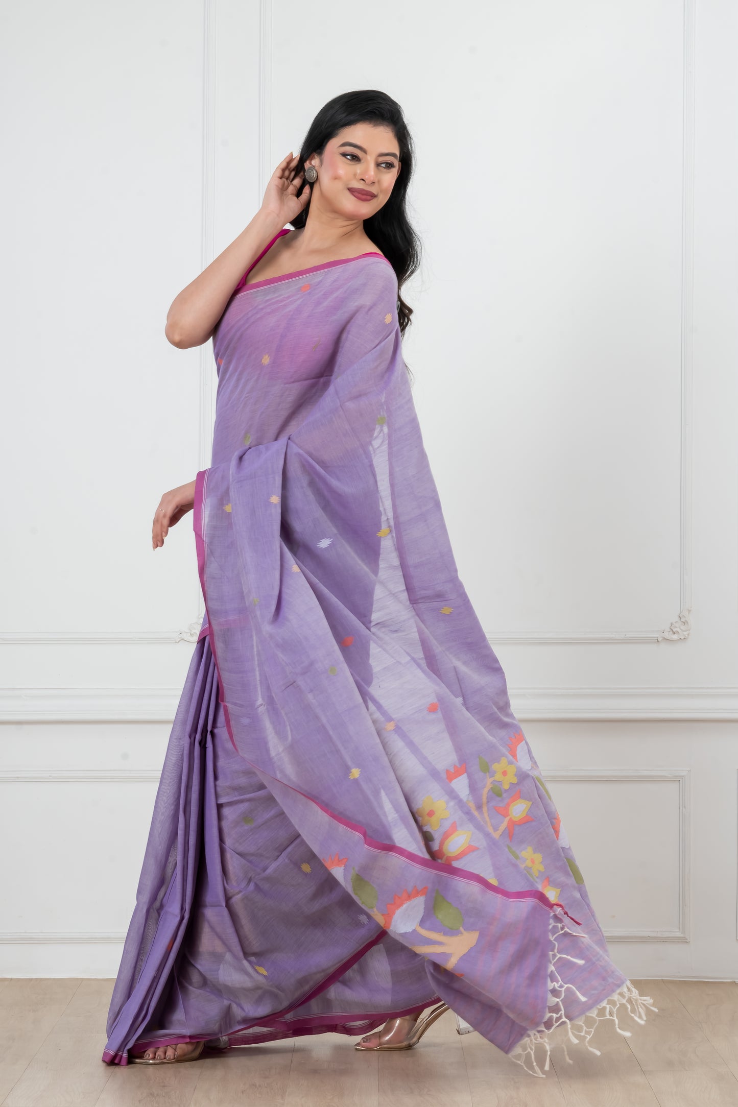 Mauve Pure Cotton  Handwoven  meddle  work Jamdani Saree