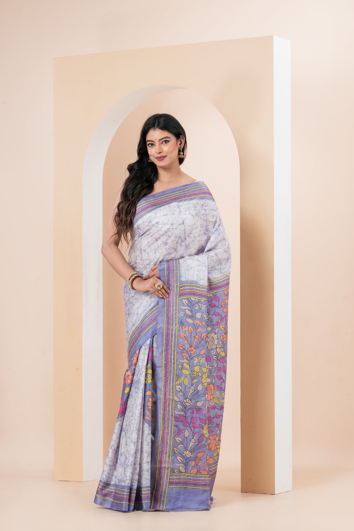 Handcrafted batik Kantha Stitch saree on Belinda’s Bangalore silk
