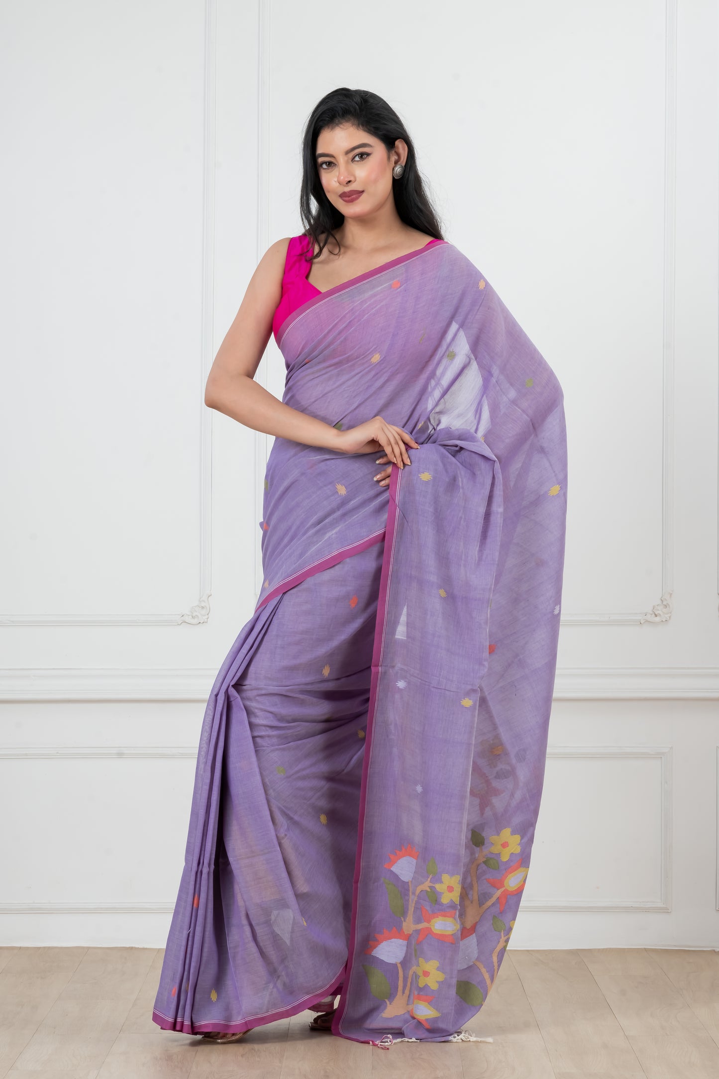 Mauve Pure Cotton  Handwoven  meddle  work Jamdani Saree