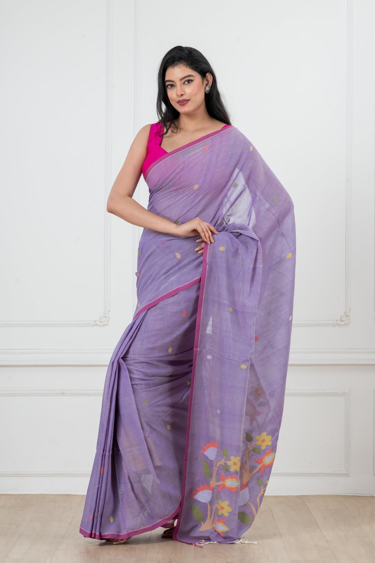 Mauve Pure Cotton  Handwoven  needle work Jamdani Saree