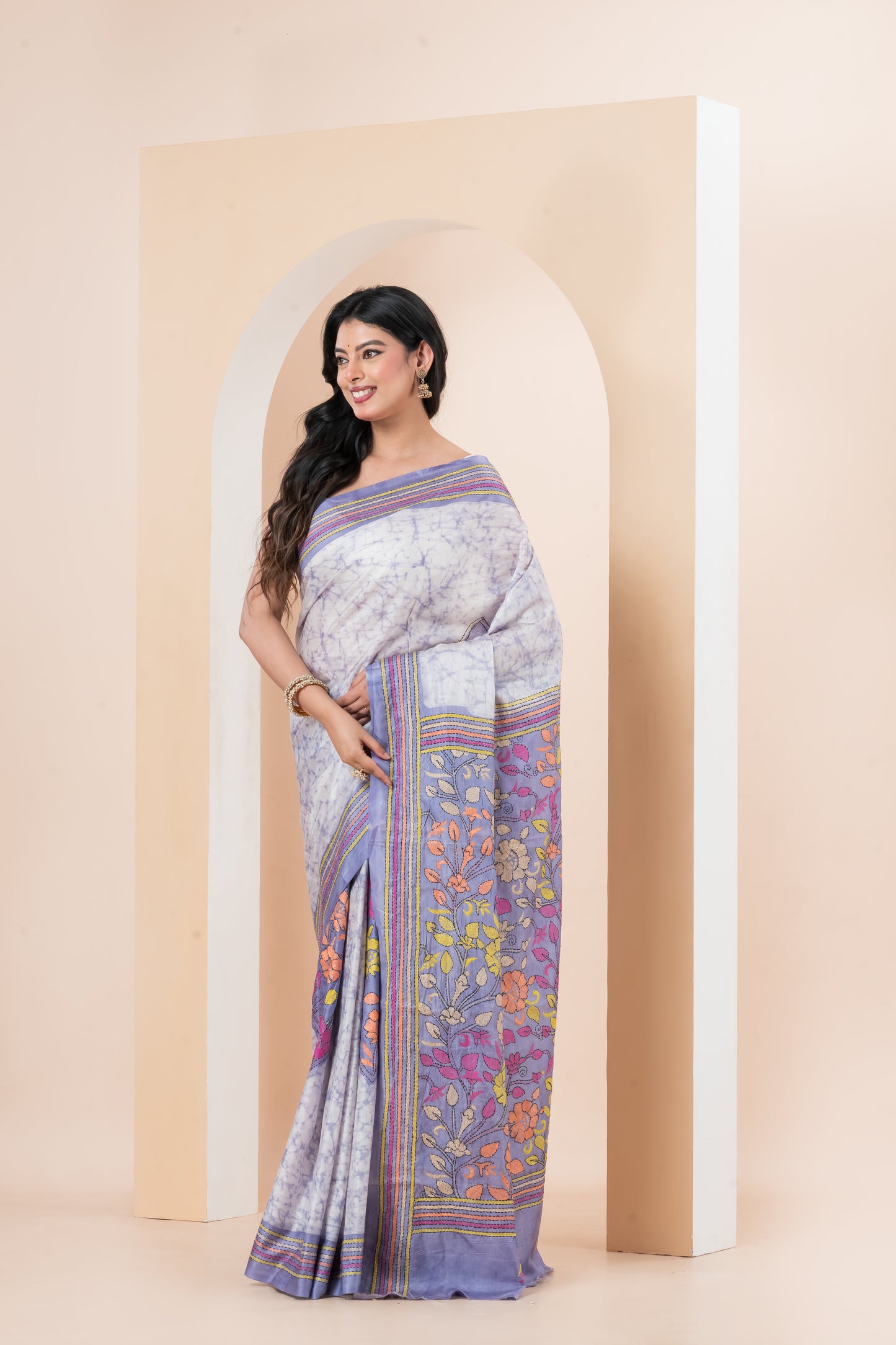 Handcrafted batik Kantha Stitch saree on Belinda’s Bangalore silk