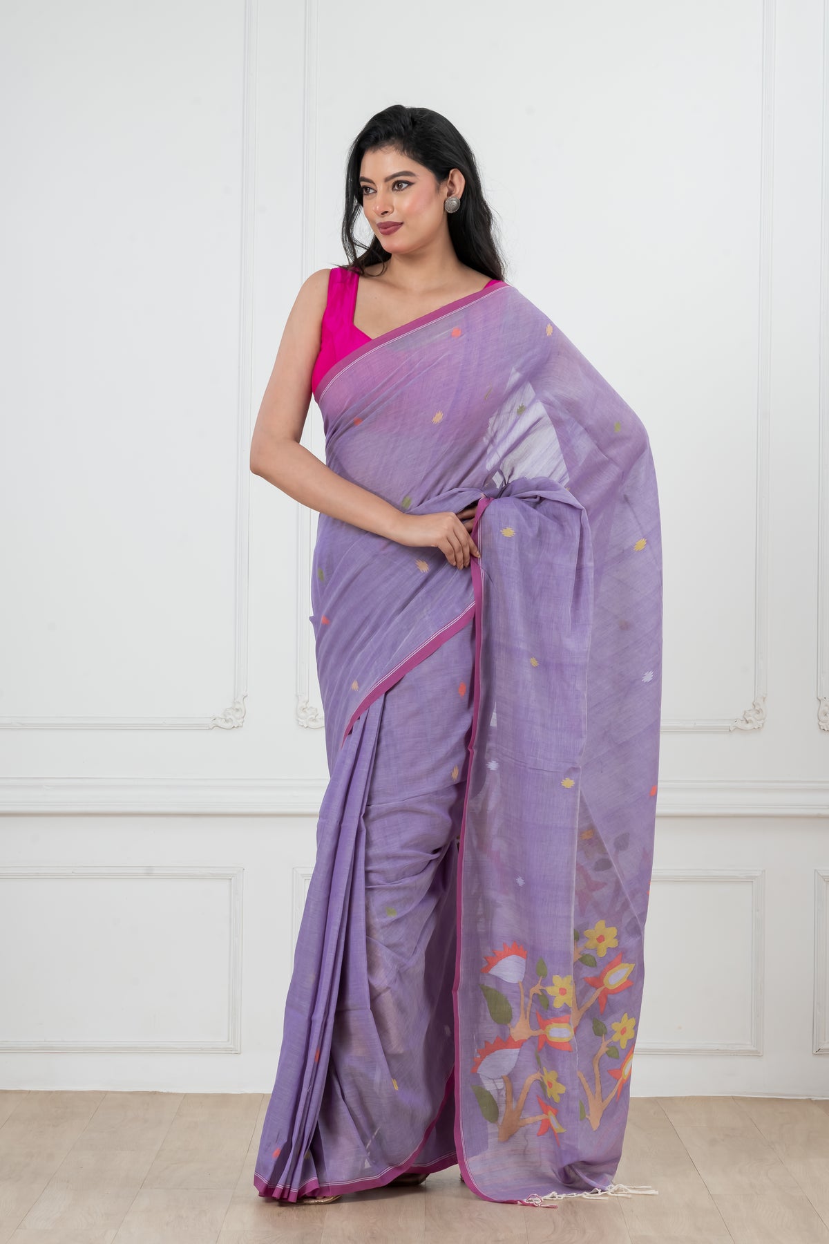 Mauve Pure Cotton  Handwoven  needle work Jamdani Saree