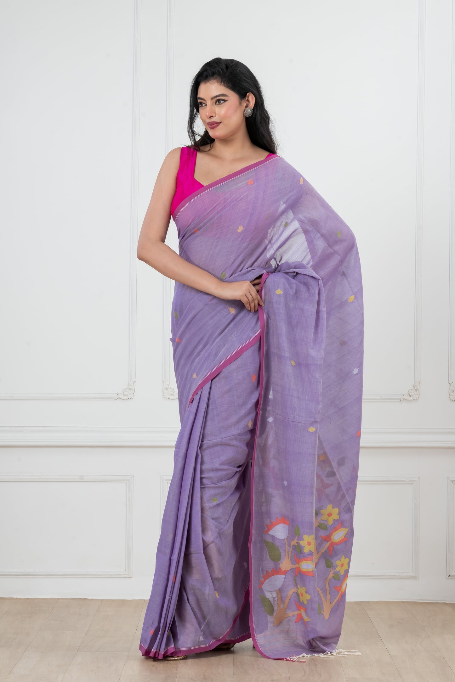 Mauve Pure Cotton  Handwoven  meddle  work Jamdani Saree