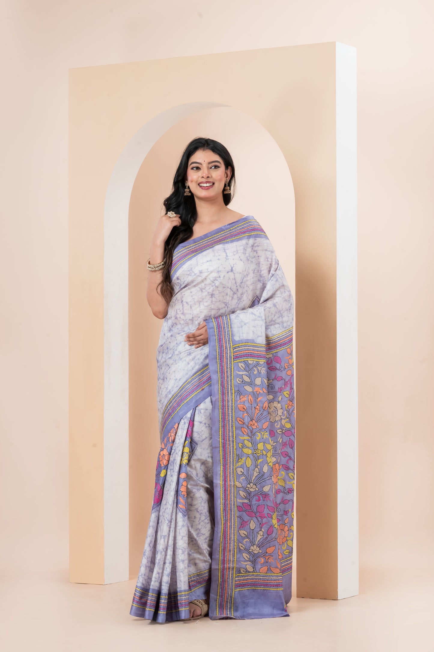 Handcrafted batik Kantha Stitch saree on Belinda’s Bangalore silk