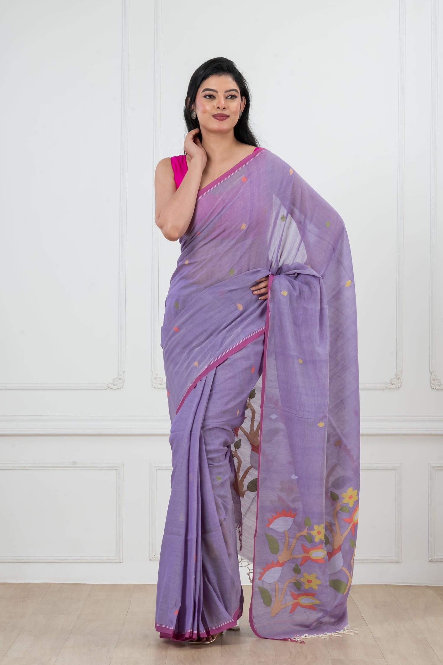 Mauve Pure Cotton  Handwoven  meddle  work Jamdani Saree