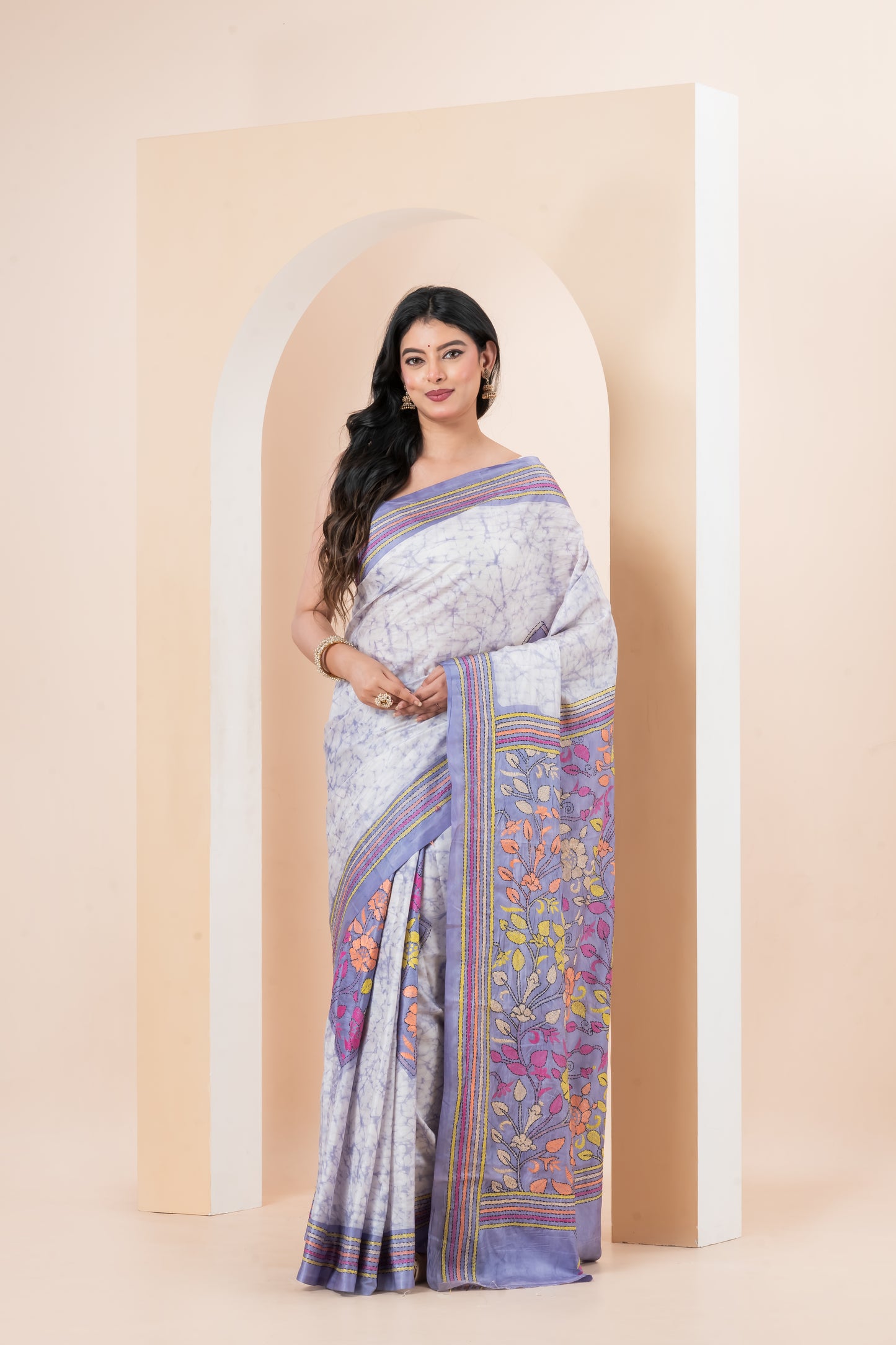 Handcrafted batik Kantha Stitch saree on Belinda’s Bangalore silk
