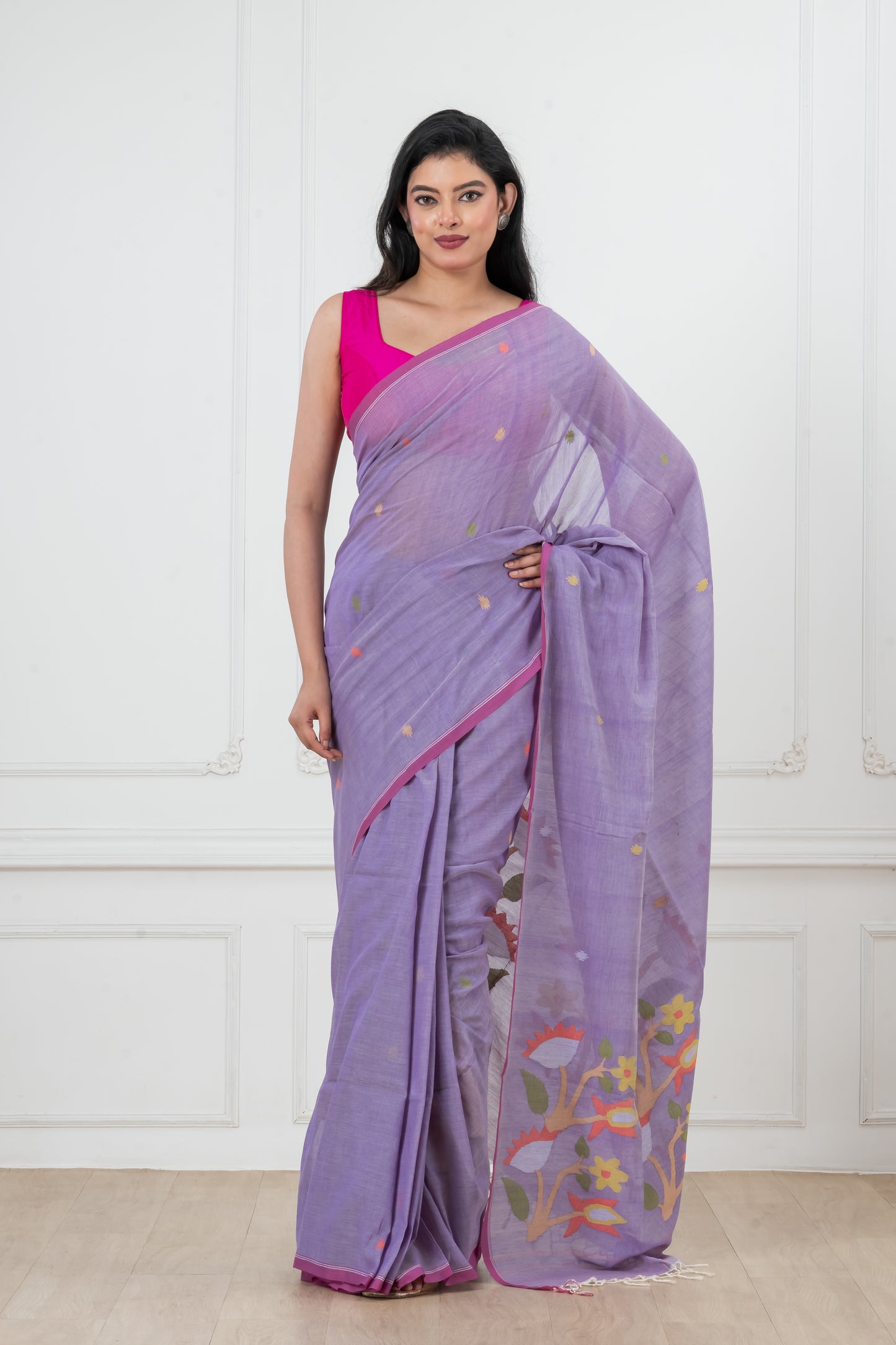 Mauve Pure Cotton  Handwoven  meddle  work Jamdani Saree