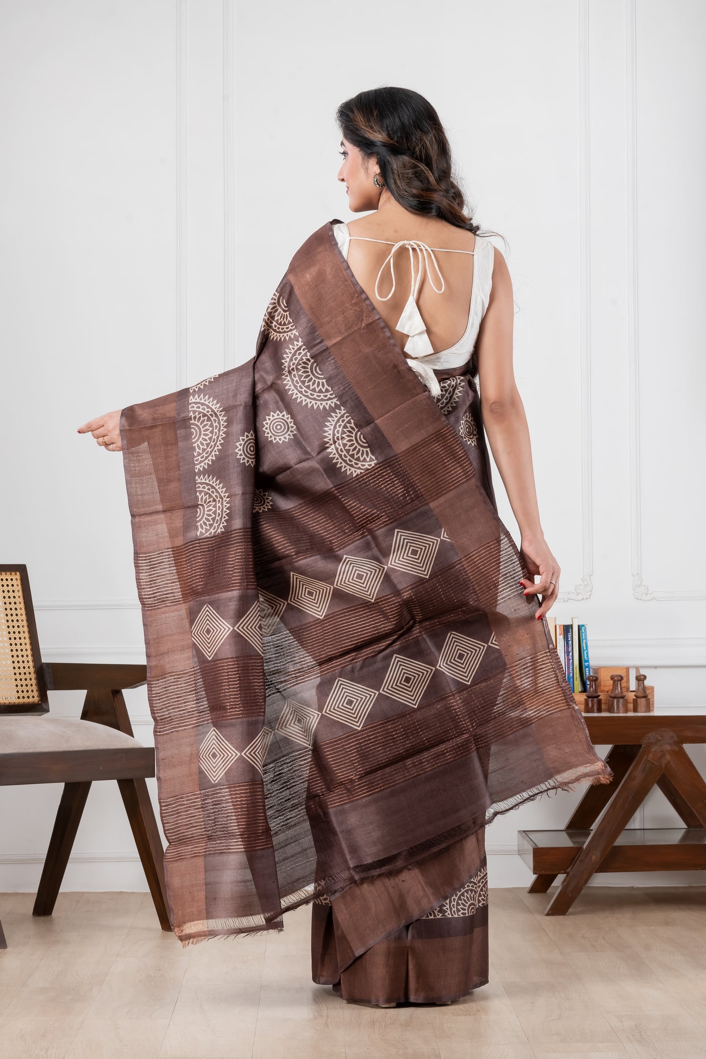 Dark Brown Pure Tussar Zari Border saree