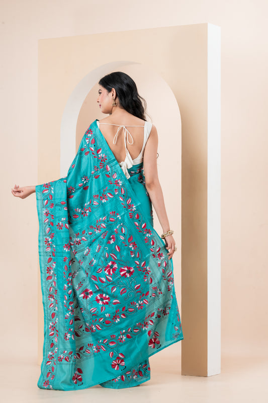 Kantha stench saree  on Blended Bangalore Silk