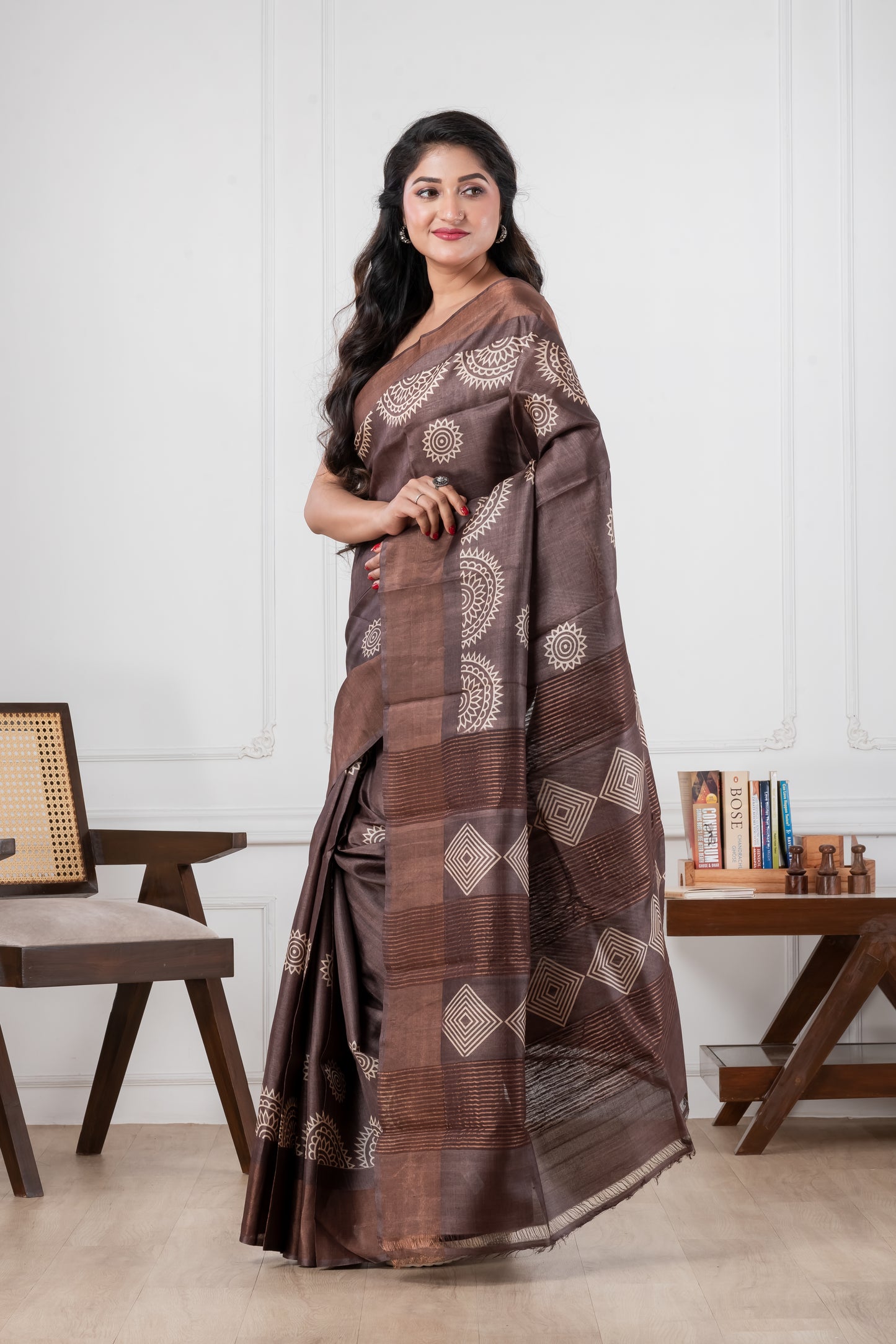 Dark Brown Pure Tussar Zari Border saree
