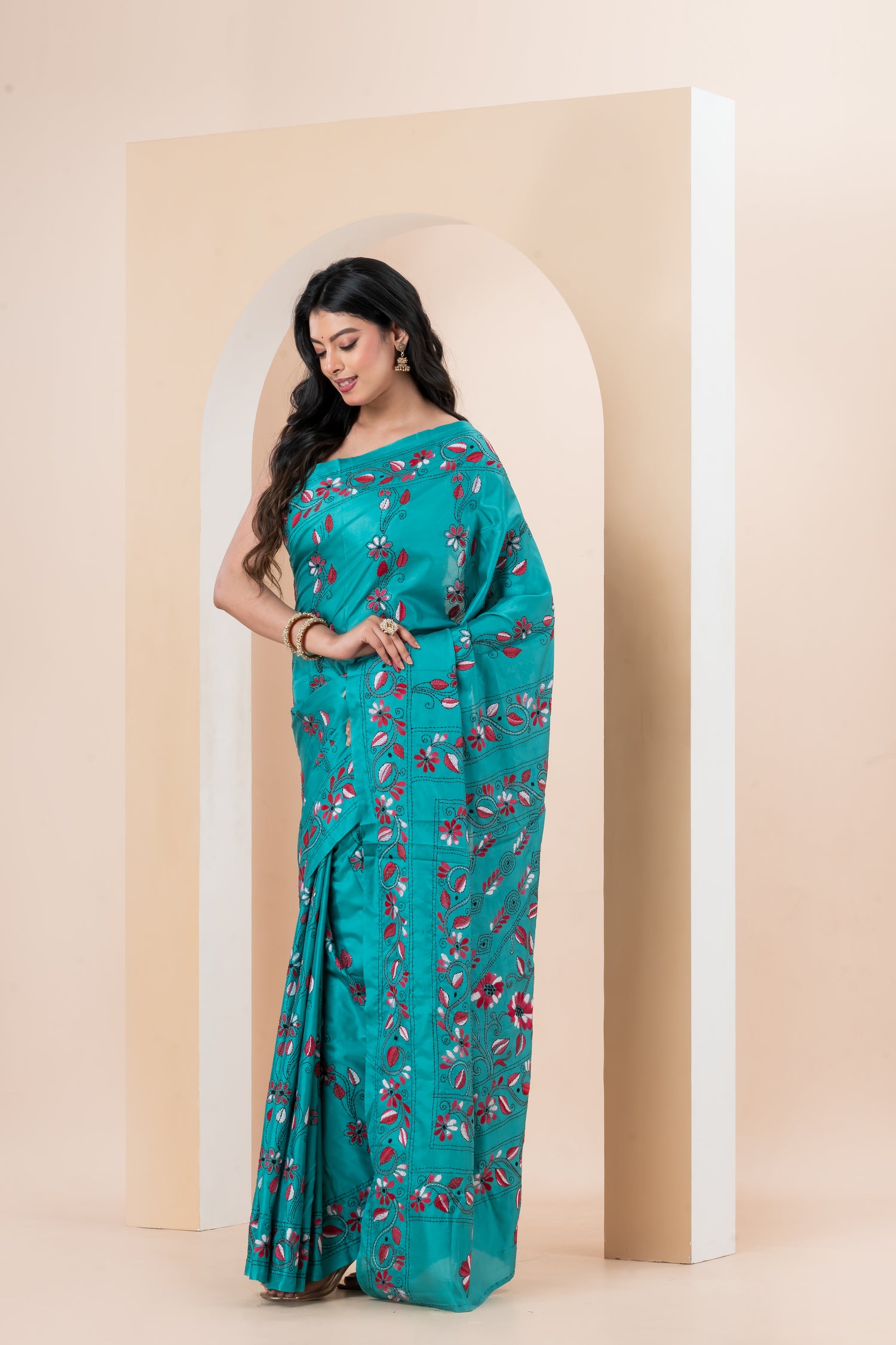 Kantha stench saree  on Blended Bangalore Silk