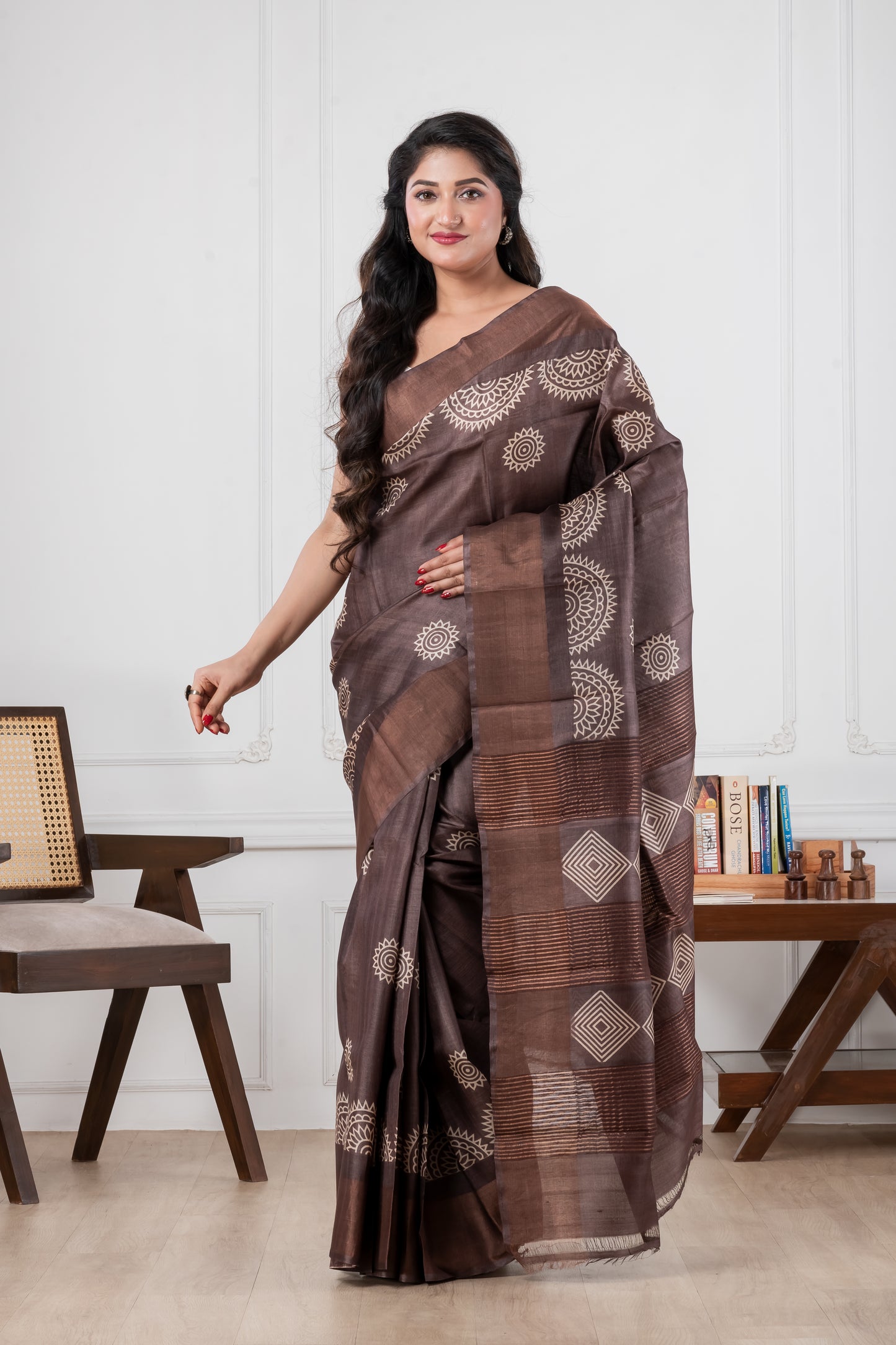 Dark Brown Pure Tussar Zari Border saree