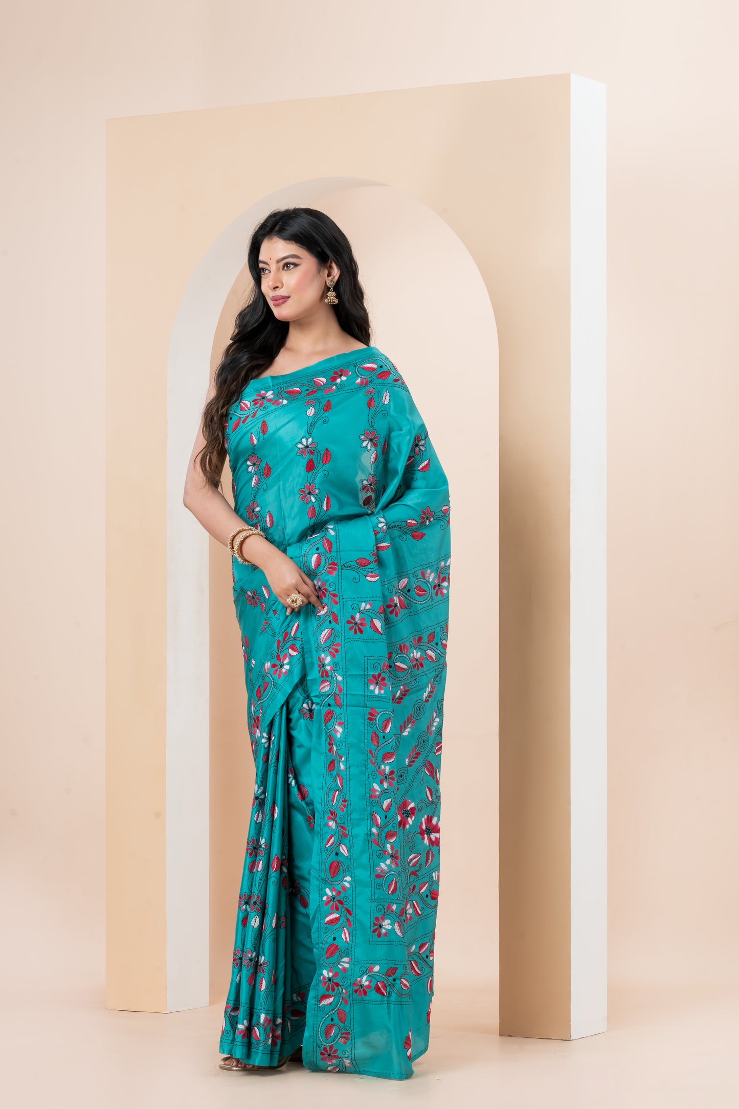 Kantha stench saree  on Blended Bangalore Silk