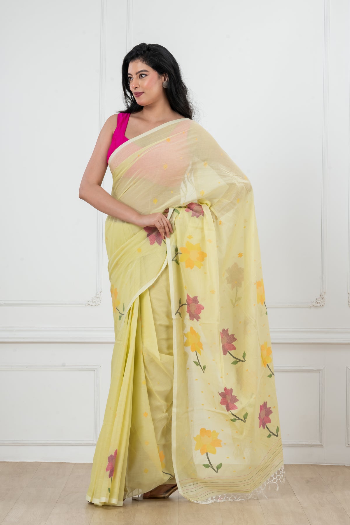 Light Yellow Pure Cotton  Handwoven  needle work Jamdani Saree