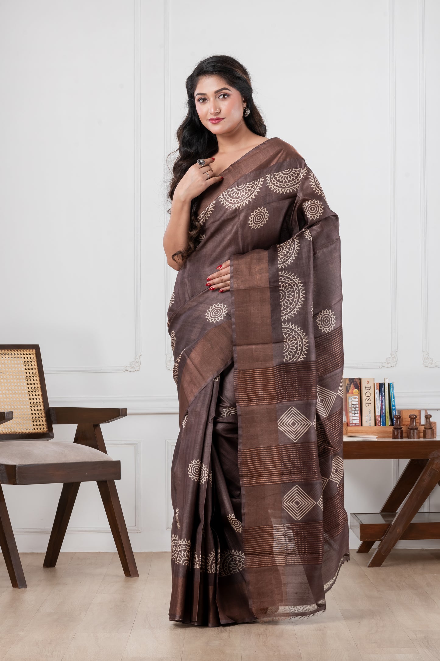 Dark Brown Pure Tussar Zari Border saree