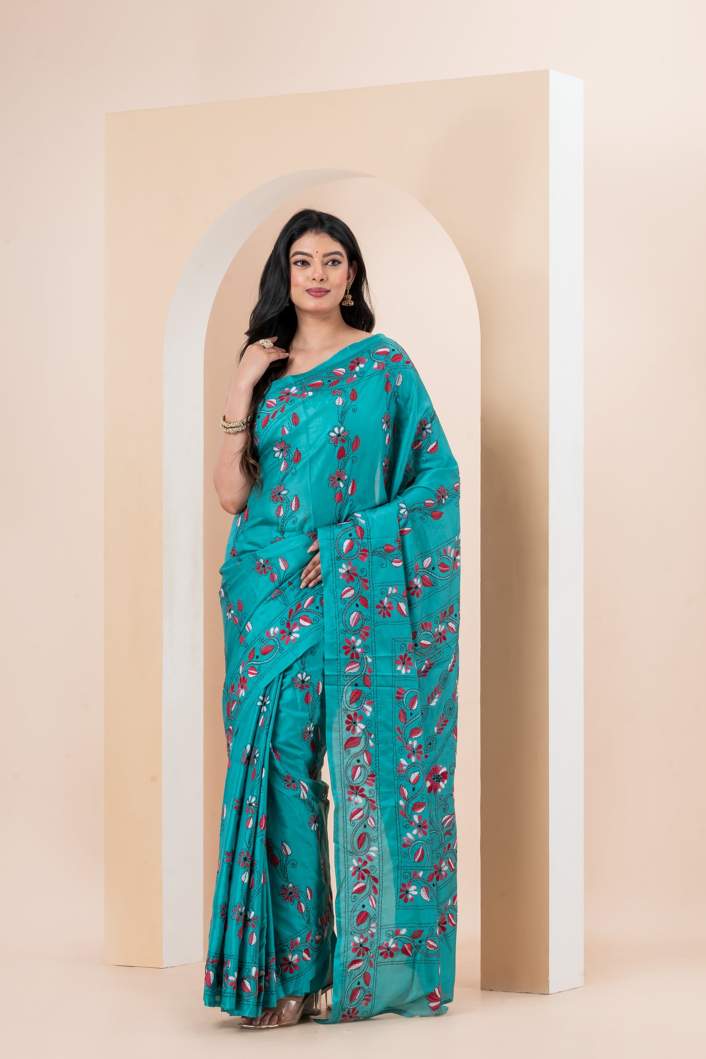 Kantha stench saree  on Blended Bangalore Silk