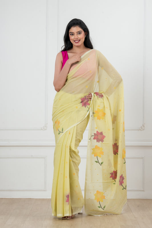 Light Yellow Pure Cotton  Handwoven  meddle  work Jamdani Saree