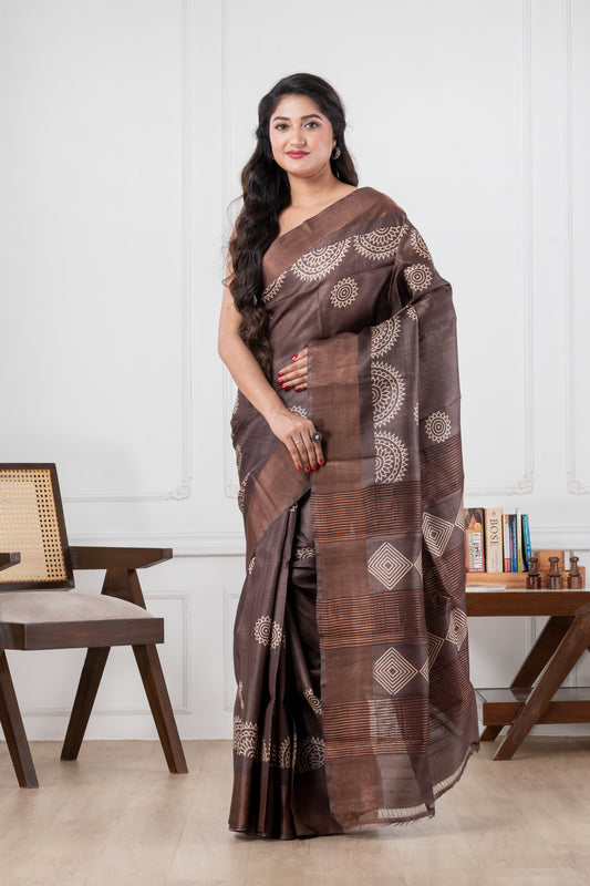 Dark Brown Pure Tussar Zari Border saree