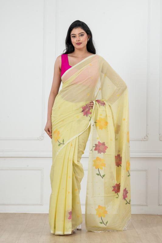 Light Yellow Pure Cotton  Handwoven  meddle  work Jamdani Saree
