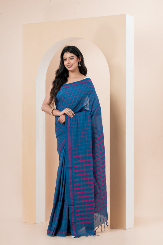 Blue & Magenta Checkered  Begumpuri Pure Cotton Handwoven Saree