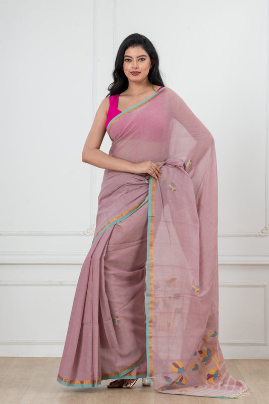 Pure Cotton  Handwoven  meddle  work Jamdani Saree
